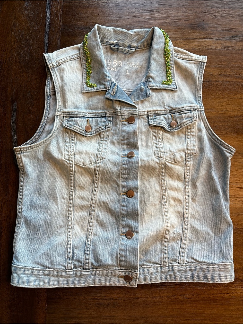1969 Light Wash Denim Vest with Green Beaded Collar- size Large